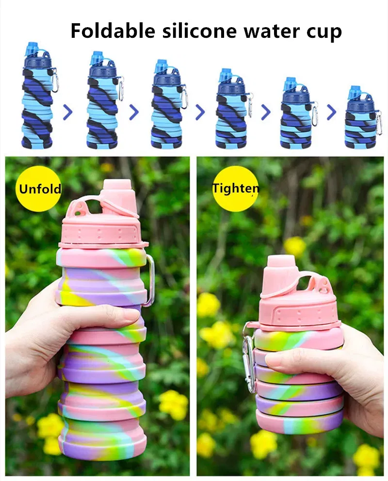 Color: black, Capacity: 0.5L - Portable Silicone Foldable Water Bottle, Outdoor Sports, Mountaineering, Riding, New, 2024