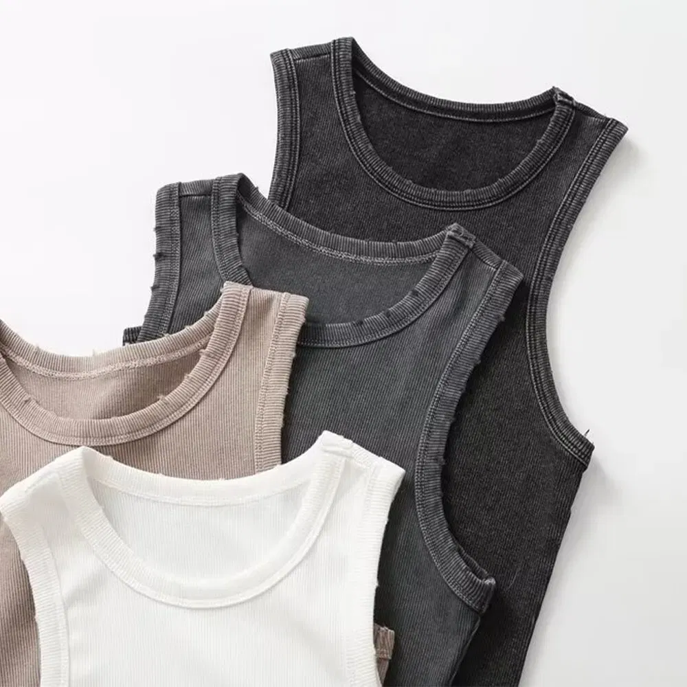 Size: M, Color: Khaki - BMURHMZA Fashion New Water Wash Rib Simple Retro Workwear Women's Tank Top