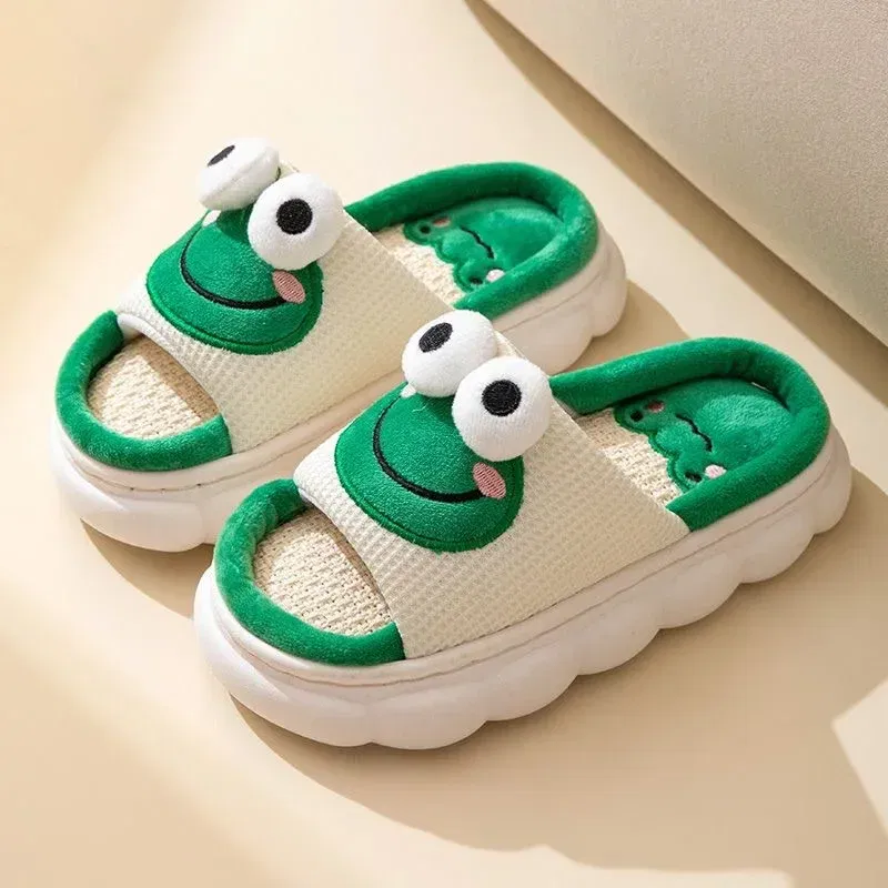 Color: light green, Shoe Size: 42-43 - Women Cartoon Frog Slippers Winter Warm Indoor Home Slides Linen Thick Sole Couple Slipper Bedroom Anti Slip Shoes Sandals