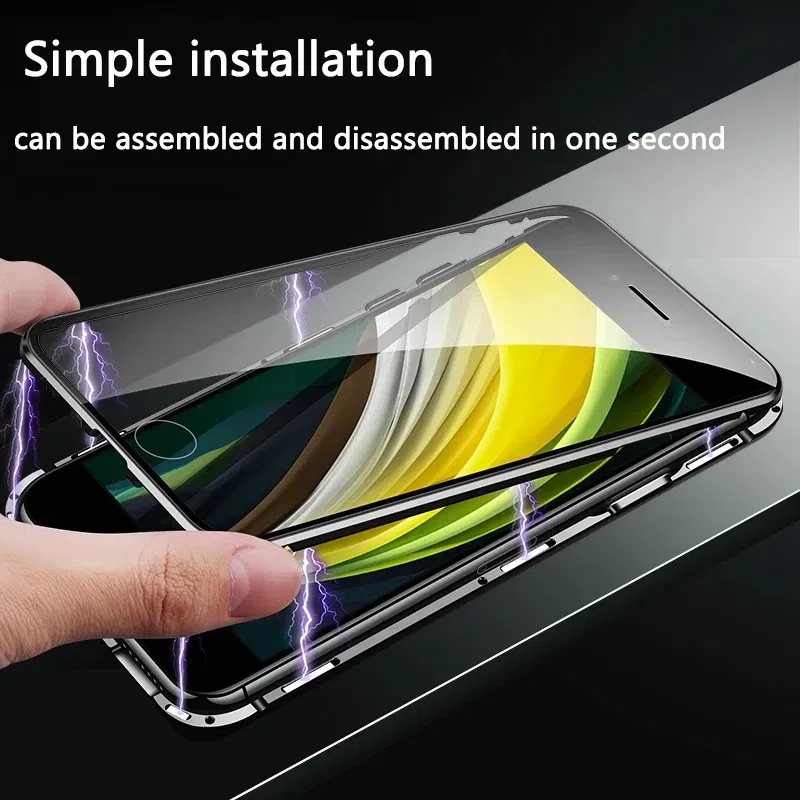 Color: Black, Material: GENUINE LEATHER - Magnetic Metal Case For iPhone 15 14 13 12 11 Pro 14Pro Max XS X XR 7 8 14Plus 12 Mini SE 2020 Double Sided Tempered Glass Cover