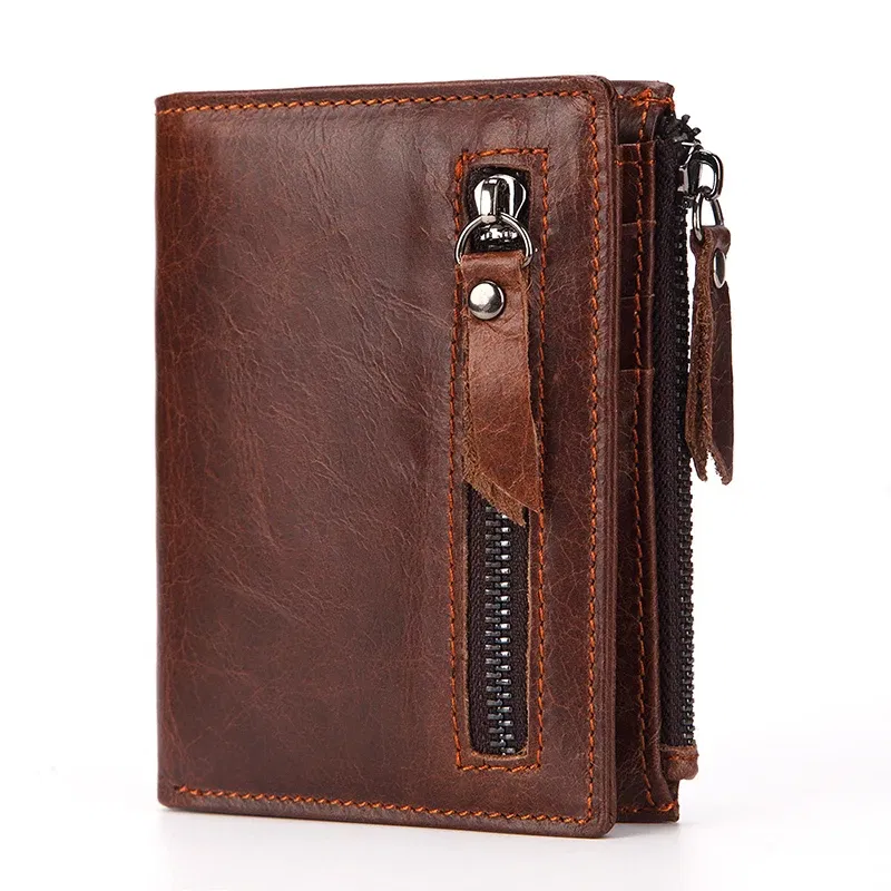 Color: Coffee - Fashion Genuine Leather Men's Short Wallet with Zipper Bag RFID Luxury Designer Wallet for Men High Quality Cardholder