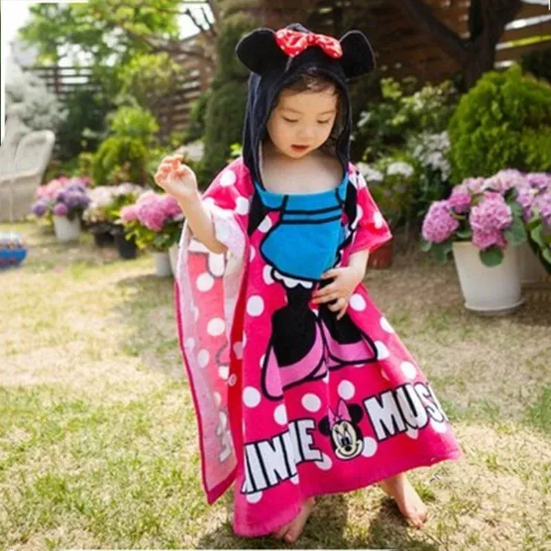 Color: Pink - Disney Kids Hooded Bath Towel Child Breathable Beach Towel Mickey Minnie McQueen Car Cartoon Boy Girl Towel 60x120cm