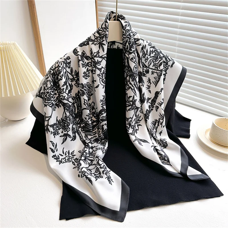 Color: Blue, Size: One Size, Ships From: CHINA - Ink Painting Silk Scarf 90cm Twill Scarves Large Square Sunscreen Shawl Headscarf for Women Hijab Luxury Bufanda Foulard