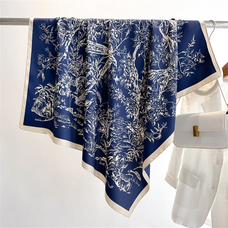 Color: Blue, Size: One Size, Ships From: CHINA - Ink Painting Silk Scarf 90cm Twill Scarves Large Square Sunscreen Shawl Headscarf for Women Hijab Luxury Bufanda Foulard