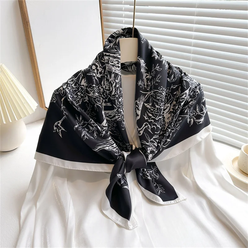 Color: Blue, Size: One Size, Ships From: CHINA - Ink Painting Silk Scarf 90cm Twill Scarves Large Square Sunscreen Shawl Headscarf for Women Hijab Luxury Bufanda Foulard