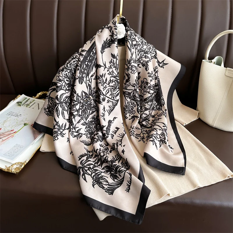 Color: Blue, Size: One Size, Ships From: CHINA - Ink Painting Silk Scarf 90cm Twill Scarves Large Square Sunscreen Shawl Headscarf for Women Hijab Luxury Bufanda Foulard