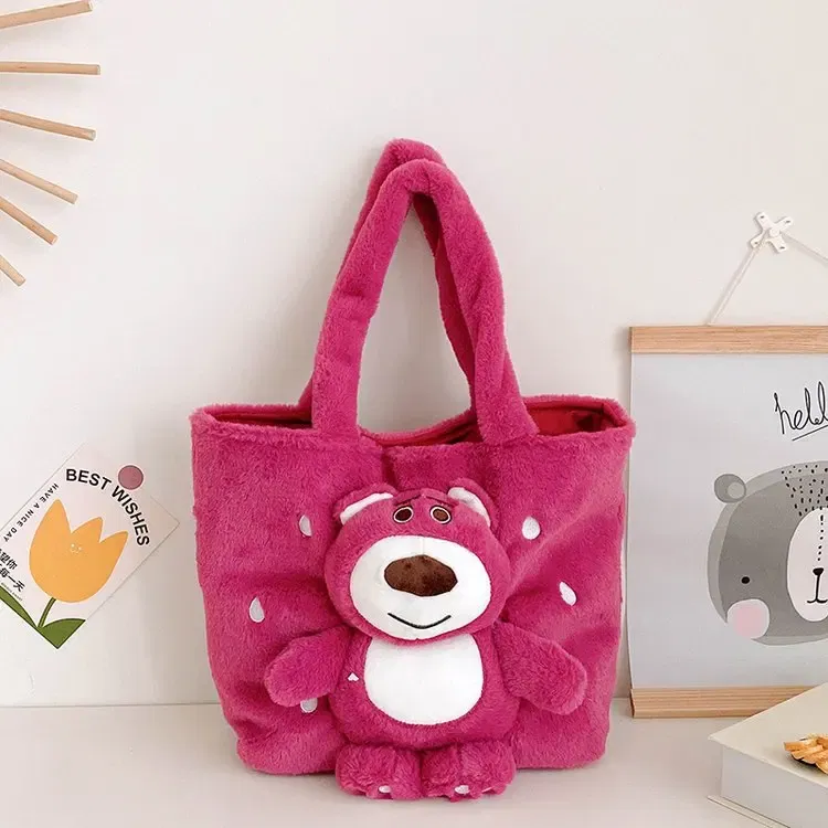 Color: black, Size: Extra Large - Disney 2024 New Cartoon Plush Doll Shoulder Bag Sweet and Cute Stitch Strawberry Bear Soft Cute Girls Handbag