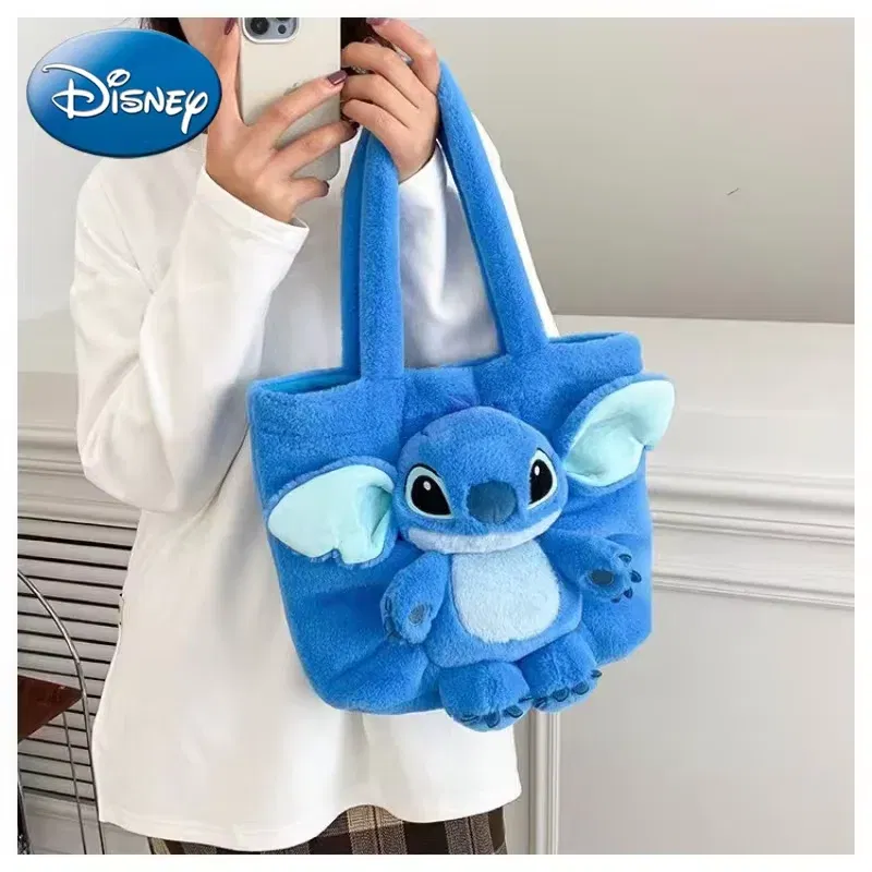 Color: black, Size: Extra Large - Disney 2024 New Cartoon Plush Doll Shoulder Bag Sweet and Cute Stitch Strawberry Bear Soft Cute Girls Handbag