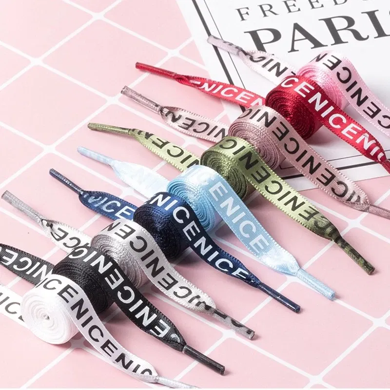Color: Khaki, Length: 120cm, Ships From: CHINA - New 1 Pair Shoelaces Letter Print Flat Shoelaces 1CM Width Satin Silk Ribbon Sneakers Shoes Lace Casuals Canvas Shoelace Strings