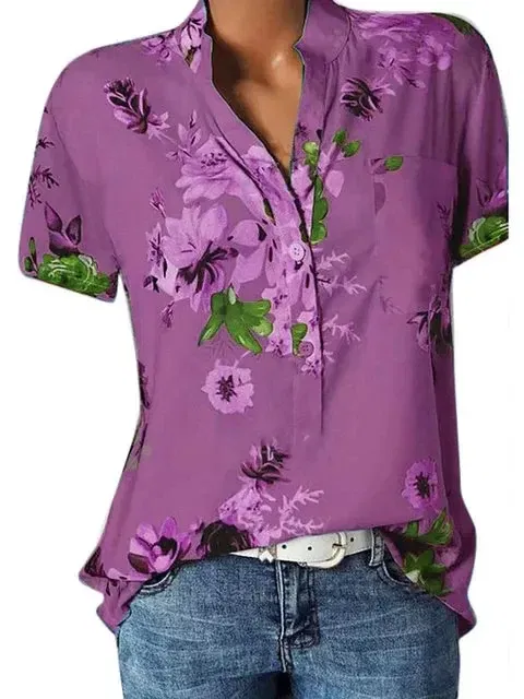 Color: Fuchsia, Size: S - Temperament new women's shirt printing large size casual shirt loose V-neck short-sleeved shirt blouse