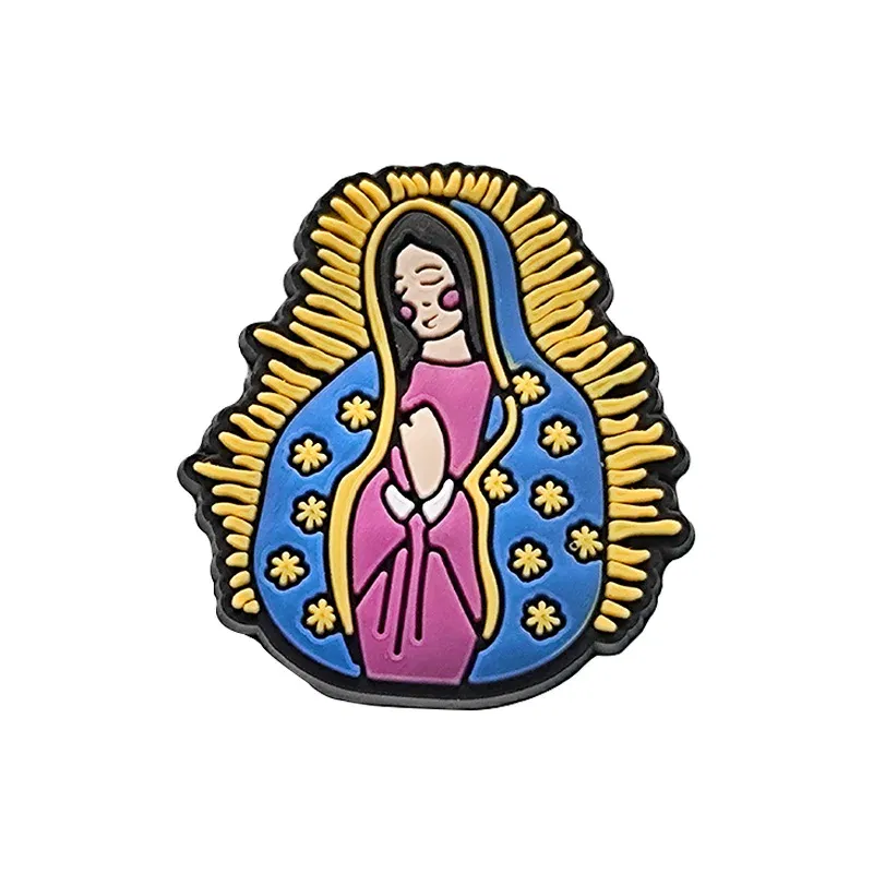 Color: Gold - 1pcs New Shoe Charm Religion PVC Clog Charms Crucifix Blessed Virgin Mary Clog Pin Clips Jeans Garden Sandal Shoe Decoration