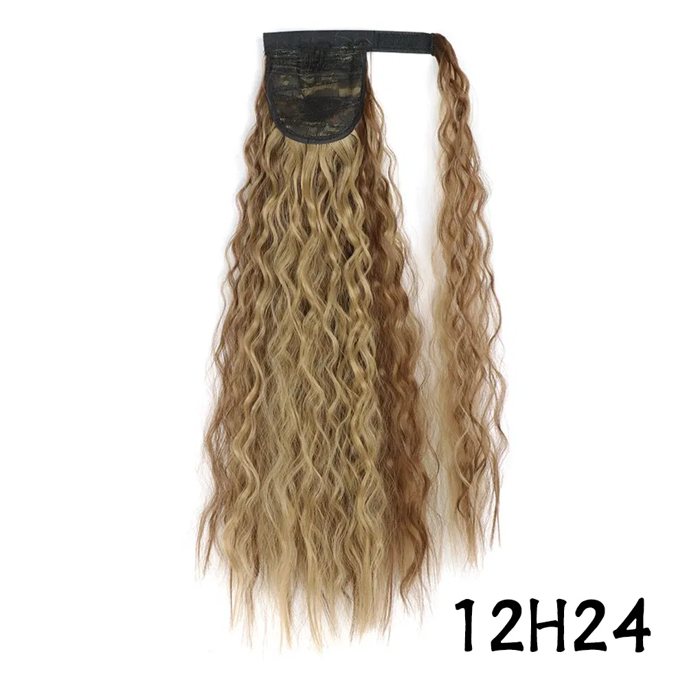 Color: #144, Stretched Length: 22inches - Synthetic Long Corn Wavy Ponytail Hairpiece Wrap on Hair Clip Ombre Brown Blonde Hair Extensions Pony Tail