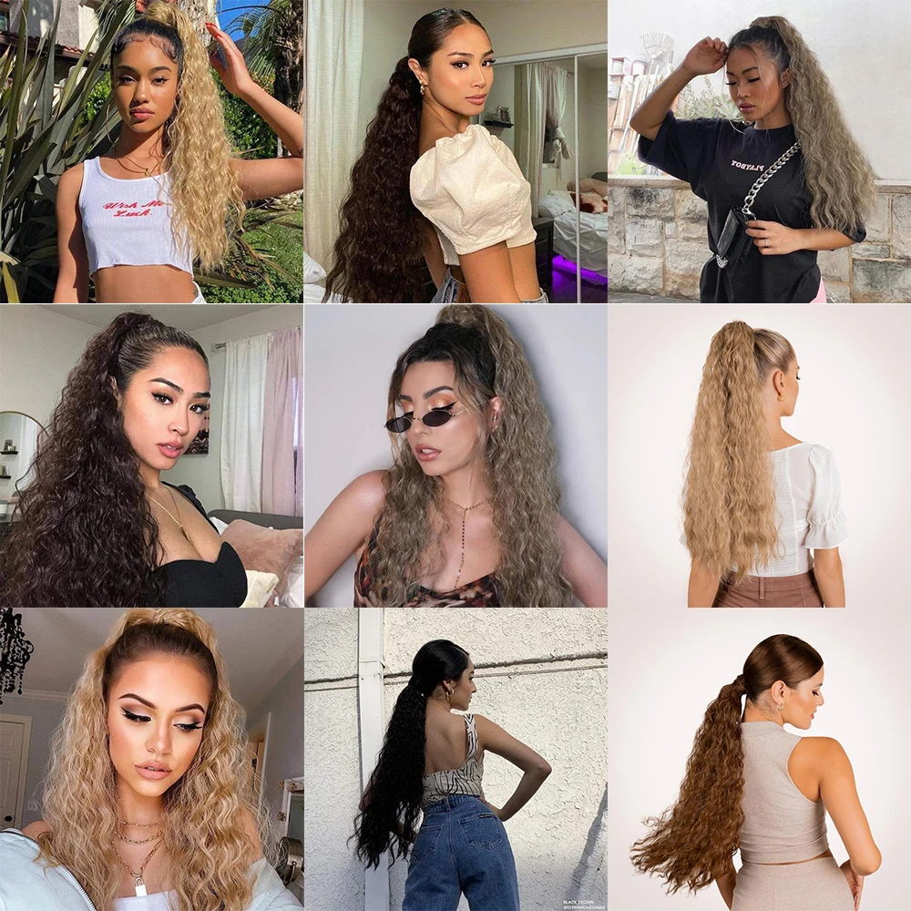 Color: #144, Stretched Length: 22inches - Synthetic Long Corn Wavy Ponytail Hairpiece Wrap on Hair Clip Ombre Brown Blonde Hair Extensions Pony Tail