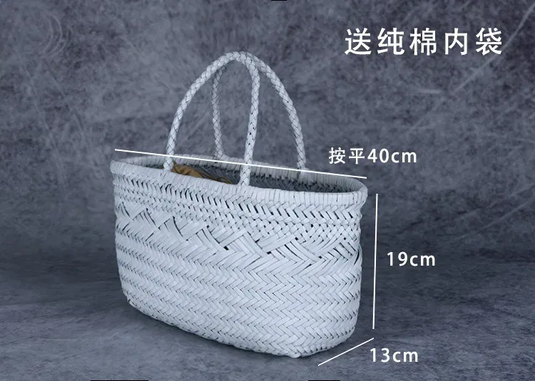 Color: Ivory - Designer woven totes bag women genuine leather cowskin knitting basket handbag female hollow out bucket bag 2025 summer new