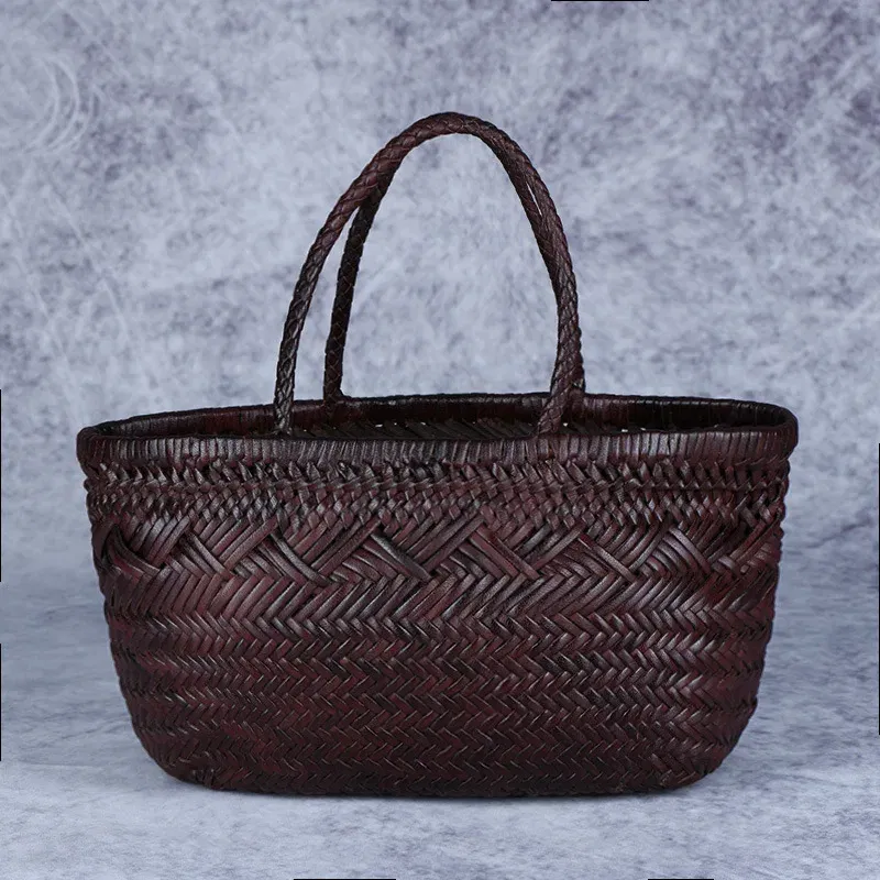 Color: Ivory - Designer woven totes bag women genuine leather cowskin knitting basket handbag female hollow out bucket bag 2025 summer new