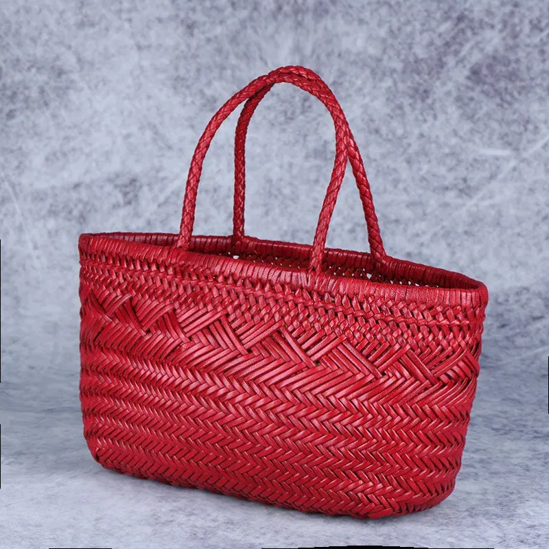 Color: Ivory - Designer woven totes bag women genuine leather cowskin knitting basket handbag female hollow out bucket bag 2025 summer new