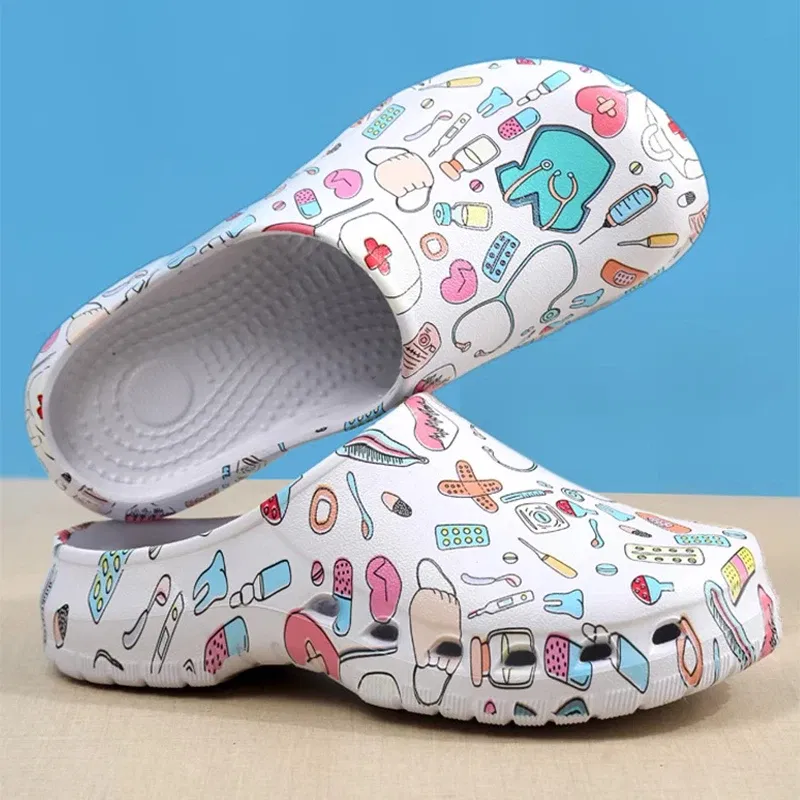 Color: Beige, Shoe Size: 39-40 - Medical print Nurse Clogs EVA Surgical Slippers Lightweight Non-slip Doctor Scrub Clogs Dental Pet Clinic Nursing Clogs Y07-1