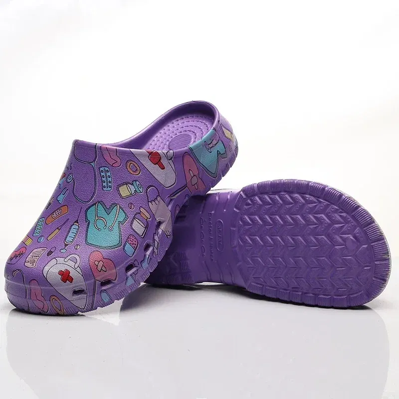 Color: Beige, Shoe Size: 39-40 - Medical print Nurse Clogs EVA Surgical Slippers Lightweight Non-slip Doctor Scrub Clogs Dental Pet Clinic Nursing Clogs Y07-1