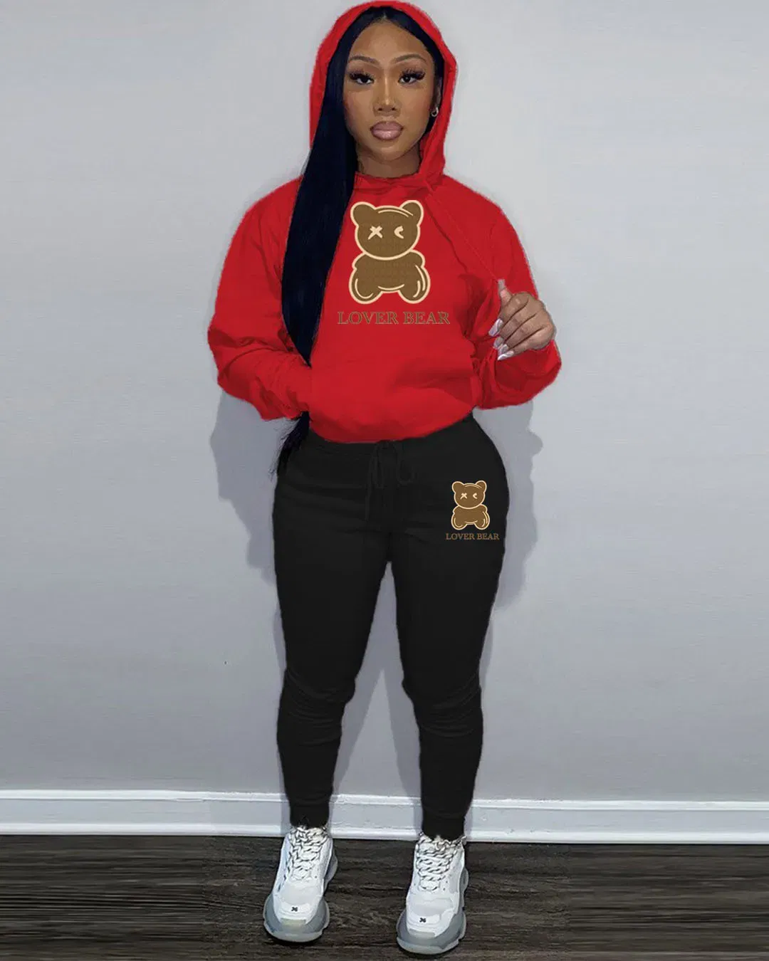 Color: Red, Size: L - 2 Piece Set Women Outfit Letter Bear Print Hooded Neck Hoodies Sweatshirt Pants Tracksuit 2024 Plus Size Streetwear Casual Suit