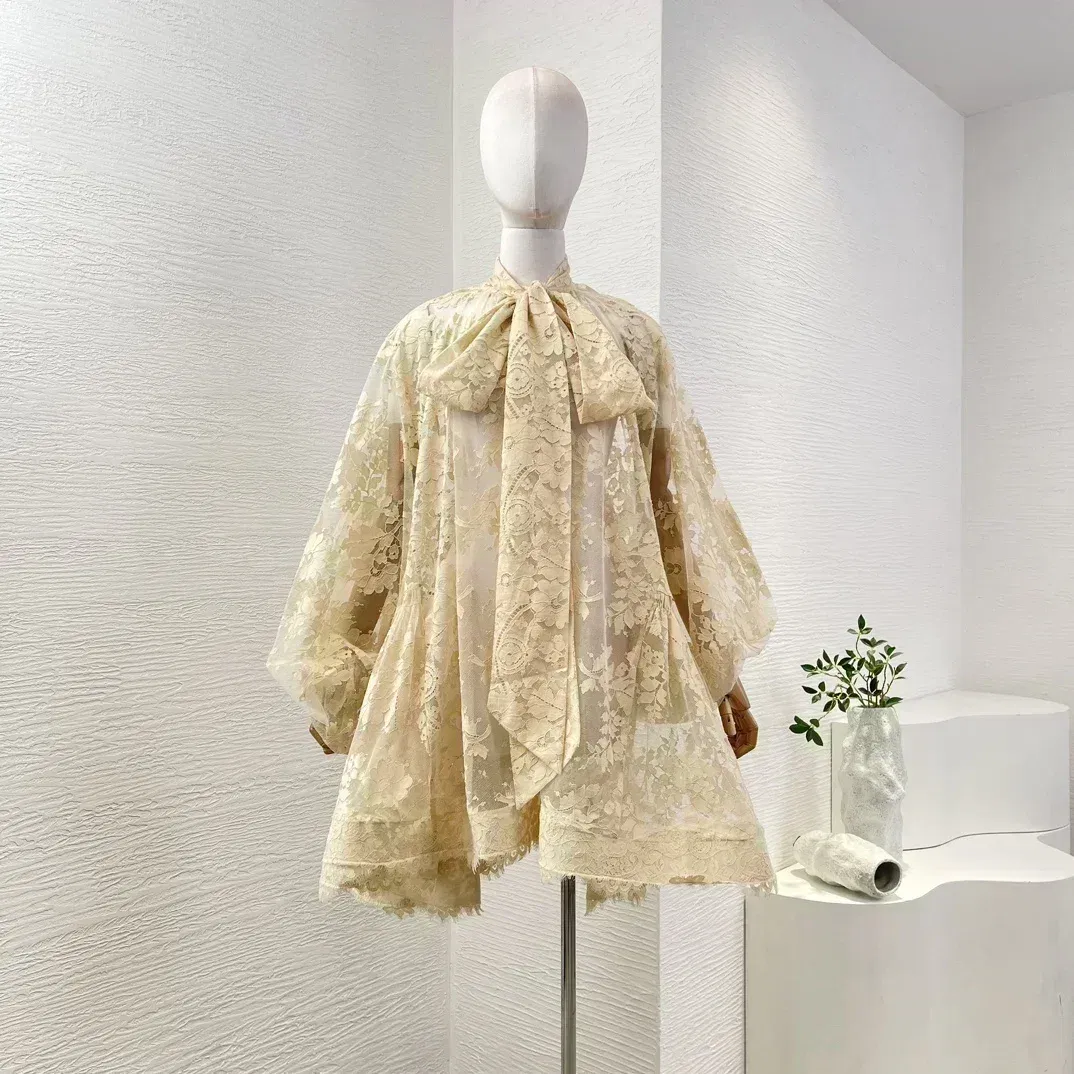 Beige Lace Patchwork Vintage Series Self Bow Tie At Neck Retro Brown Women Pullover High Quality Mini Dress