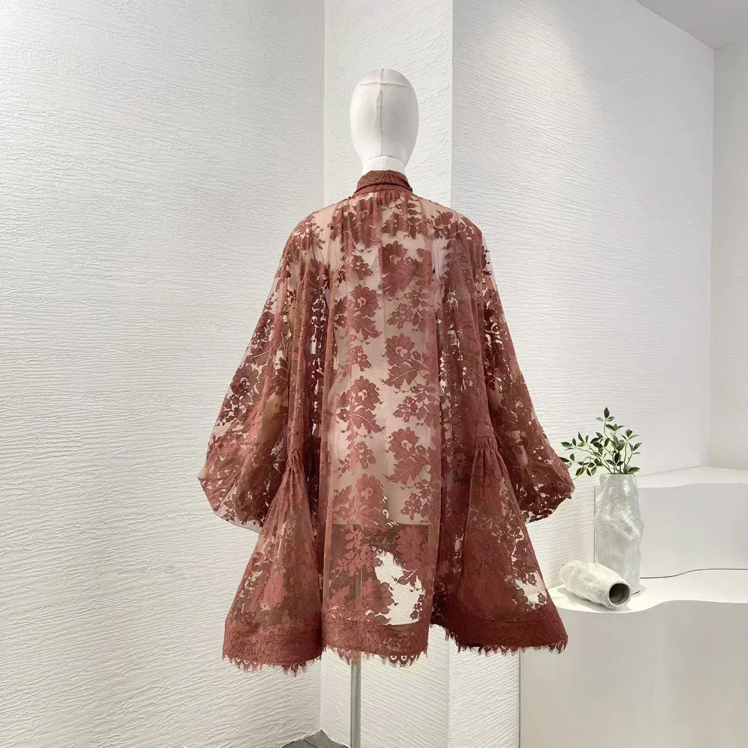 Beige Lace Patchwork Vintage Series Self Bow Tie At Neck Retro Brown Women Pullover High Quality Mini Dress