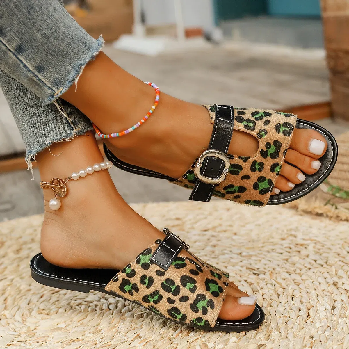 Color: multi, Shoe Size: 41 - Sandals Women Slippers 2024 Summer British Style Flat Slippers Slides Women Roman Buckle Casual Beach Slippers Trafza Womens