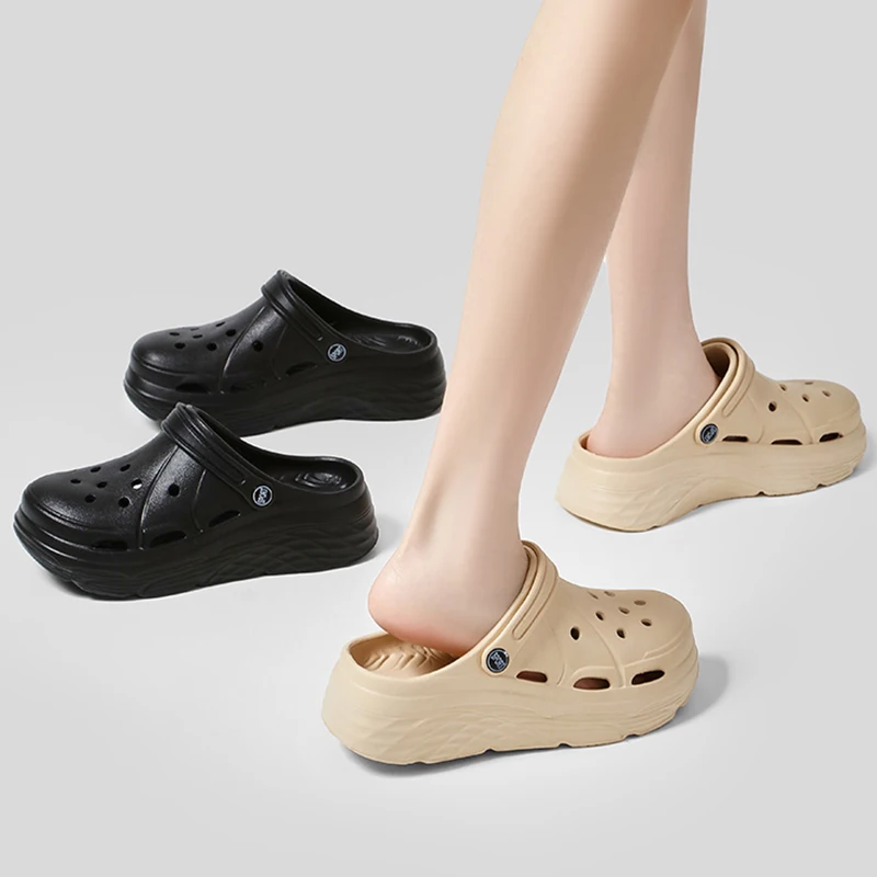 Shoe Size: 38-39, Color: Khaki - 2025 Summer Thick Platform Clogs Slippers Women Breathable Hollow Out Garden Sandals Woman Lightweight Non Slip Beach Sandles