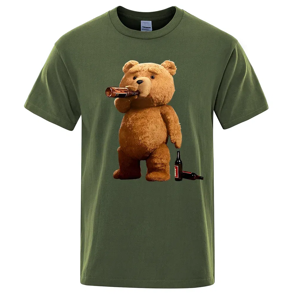 Color: Brown, Size: XXL - Lovely Ted Bear Drink Beer Poster Funny Printed T-Shirt Men Fashion Casual Short Sleeves Loose Oversize Tee Street Hip Hop Tops