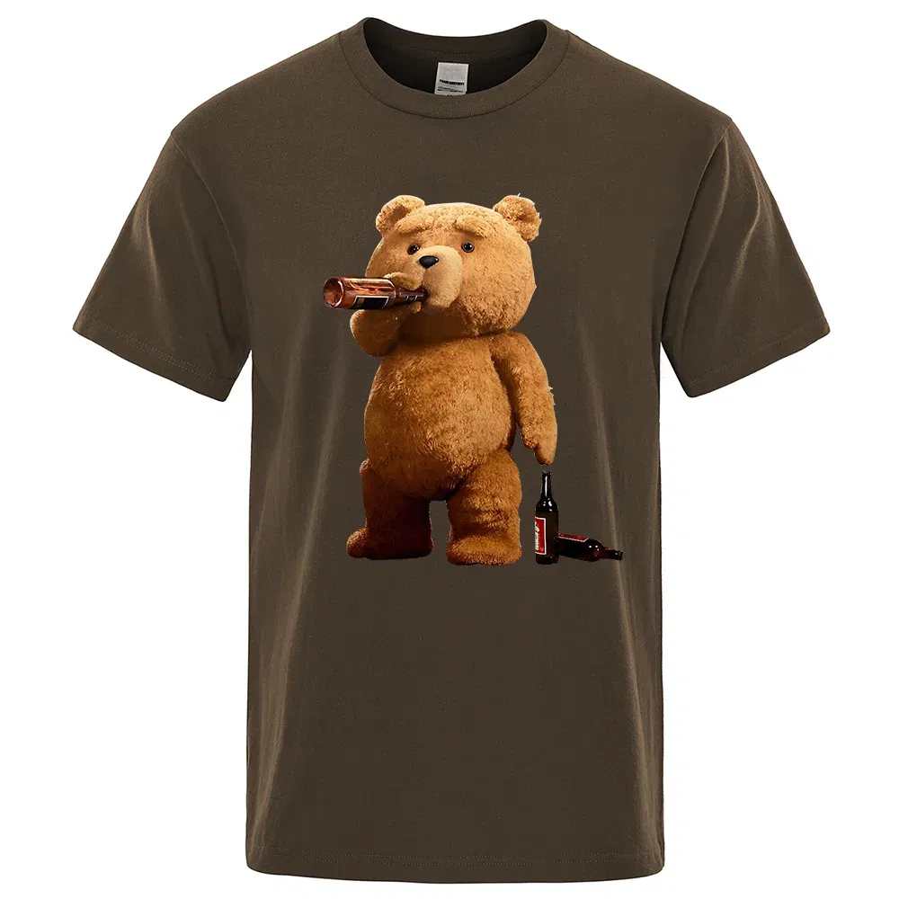 Color: Brown, Size: XXL - Lovely Ted Bear Drink Beer Poster Funny Printed T-Shirt Men Fashion Casual Short Sleeves Loose Oversize Tee Street Hip Hop Tops