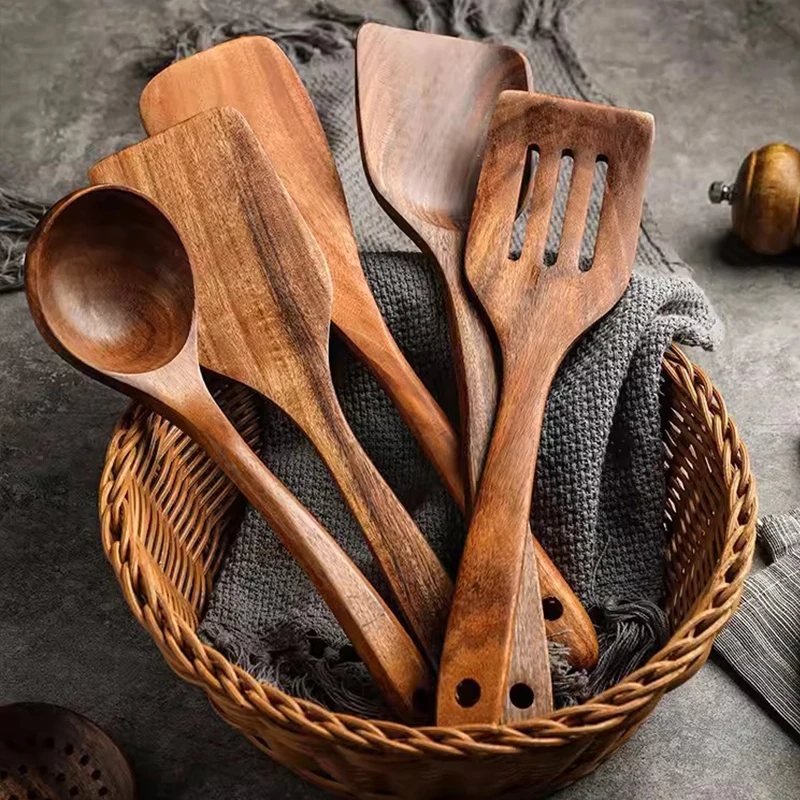 Color: Orange - Teak Wooden Spatulas Kitchen Utensils Cooking Utensil Eco-Friendly Wood Spatula for Non Stick Cookware