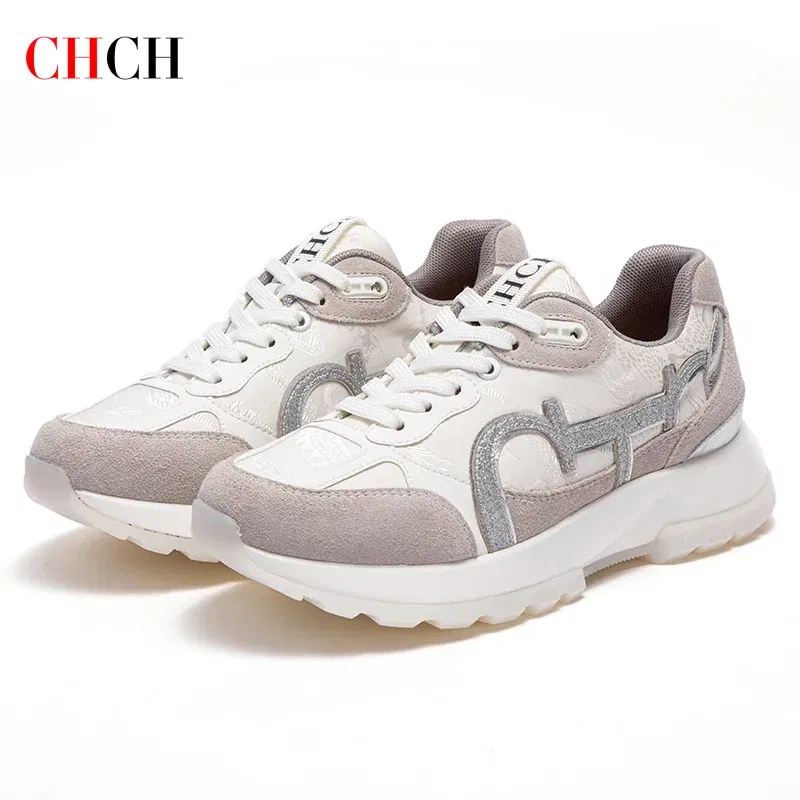 Color: black, Shoe Size: 38 - CHCH Women Tennis Shoes New Leather Splicing Student Sports Shoes