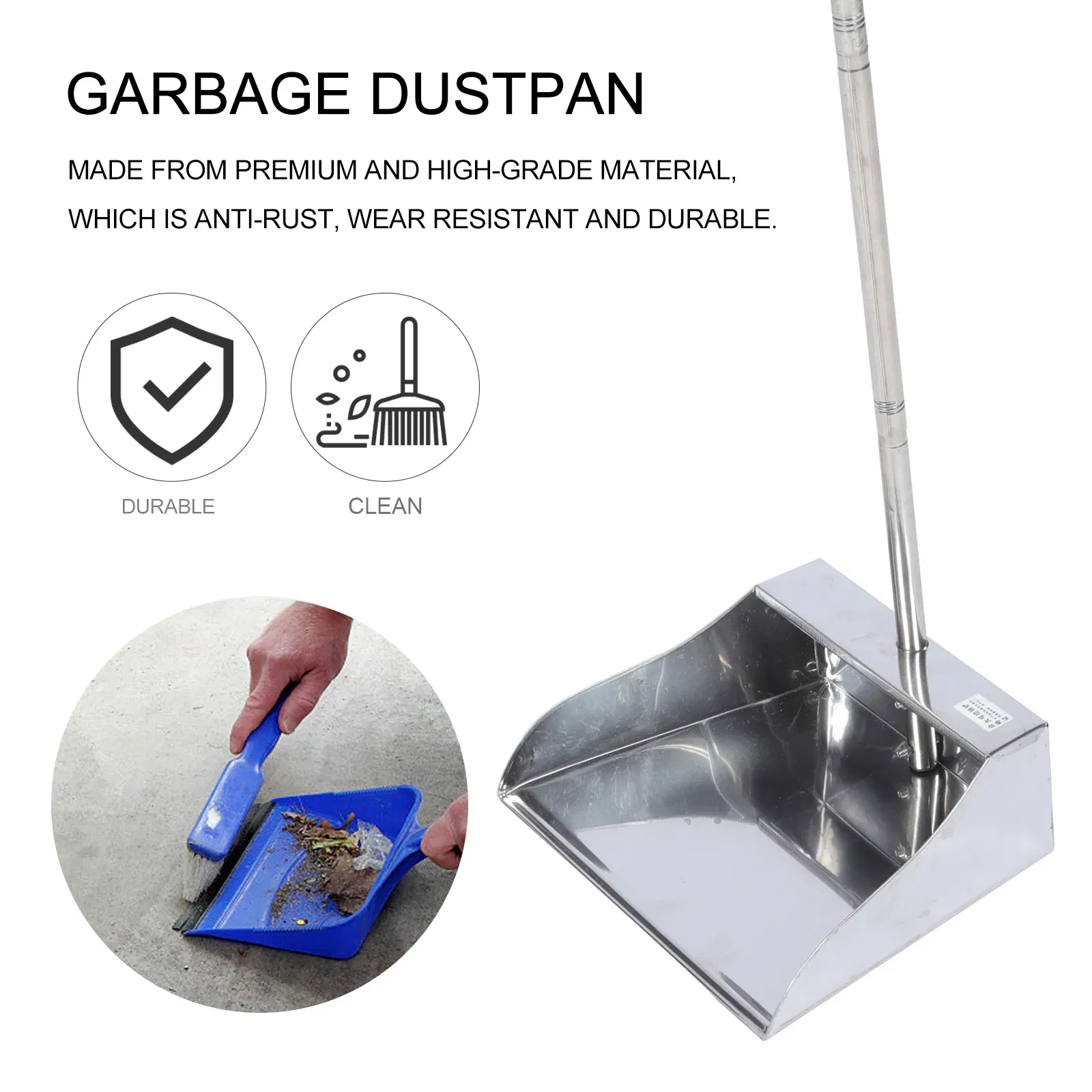 Dustpan Long Pan Metal Cleaning Handle Pans Upright Handled Kitchen Outdoor Outdoor Broom Dust Duty Heavy Stainless Steel
