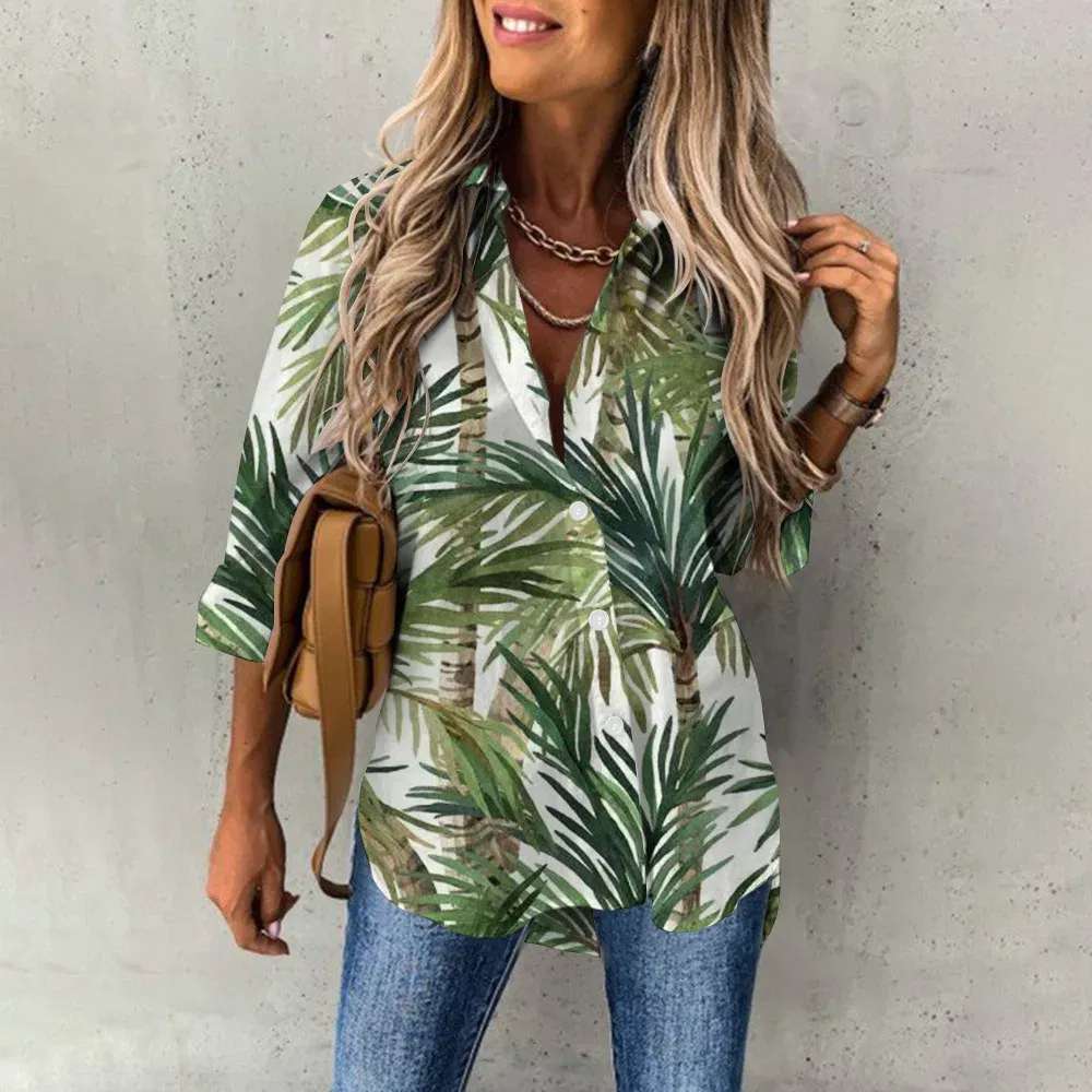 Color: Ivory, Size: XXXL - Ladies Long Sleeved Shirt Vacation Style Coconut Tree 3D Digital Printed Button Up Collar Loose Casual Ladies Blouse 2024 Autumn