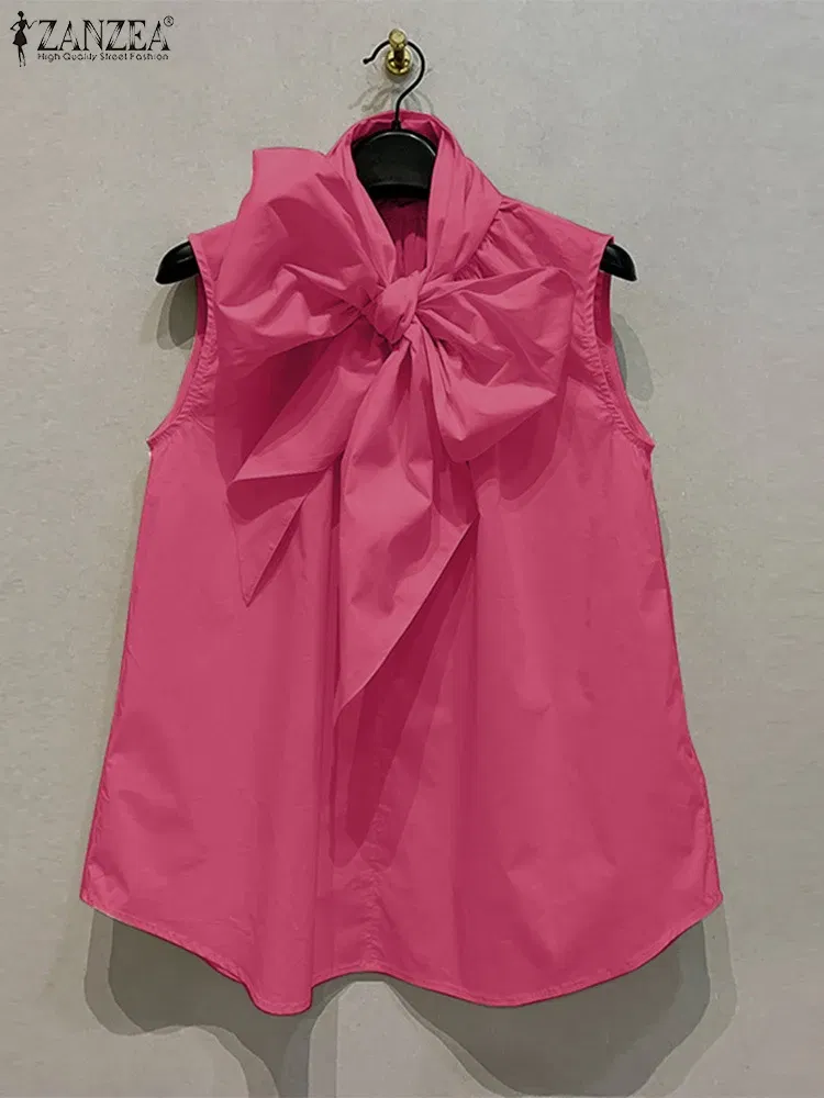 Color: black, Size: L - ZANZEA Women Fashion Bow Tie Neck Tank Tops 2024 Summer Casual Solid Sleeveless Blusas Mujer Elegant Korean Style Shirts Blouses