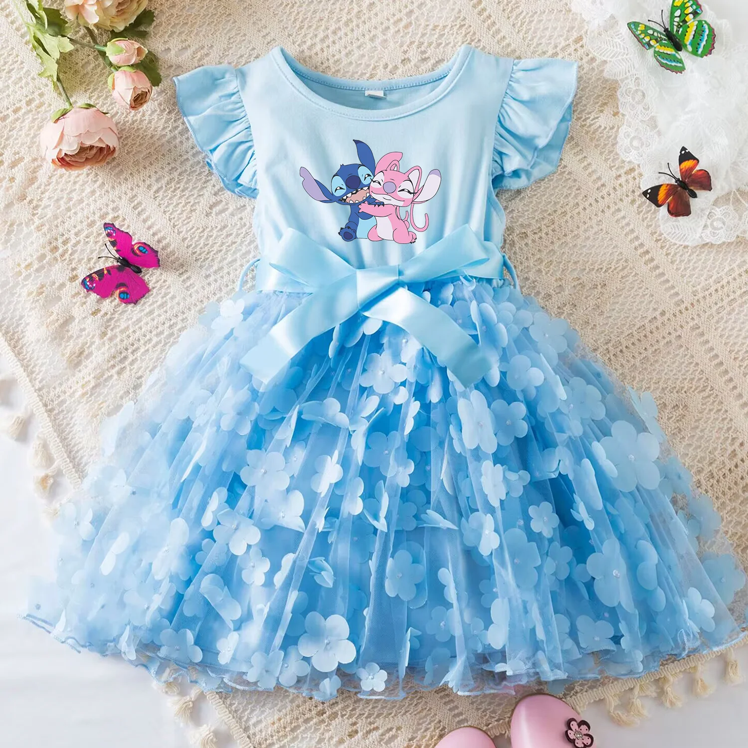 Color: Yellow, Size: M - 3D Butterfly Cute Lilo Stitch Summer Dress for Kid's Casual Clothes Baby Girls Beautiful Princess Dress Party Dresses 2-6 Yrs