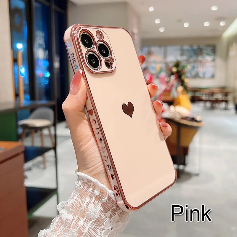 Color: Khaki, Compatible-Phone Models: For iPhone 15 Pro Max, Ships From: CN - Electroplating Side Love Heart Phone Case For IPhone 17 16 15 14 13 12 11 Pro Max XR 8 Plus SE2/SE3 Shockproof Back Cover