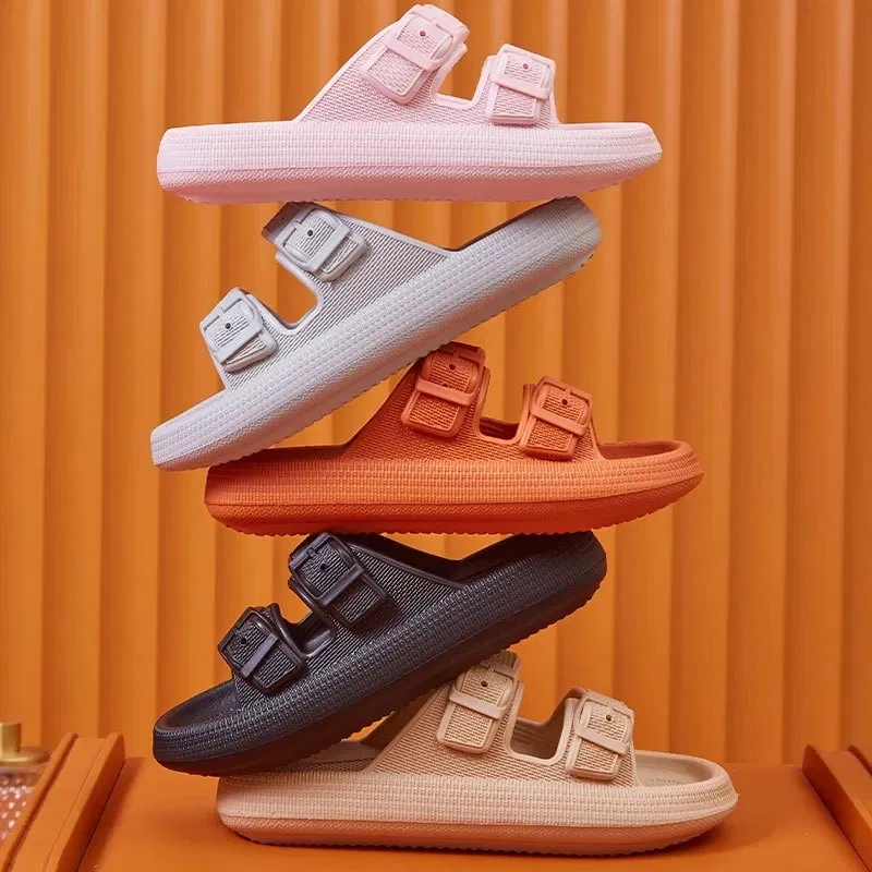 Color: Chocolate, Shoe Size: 44-45 - Fashion Buckle Thick Platform Slippers Women Home Soft Sole eva Cloud Slides Sandals Woman 2025 Summer Non Slip Beach Flip Flops