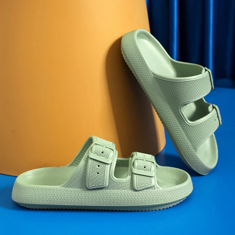 Color: Chocolate, Shoe Size: 44-45 - Fashion Buckle Thick Platform Slippers Women Home Soft Sole eva Cloud Slides Sandals Woman 2025 Summer Non Slip Beach Flip Flops