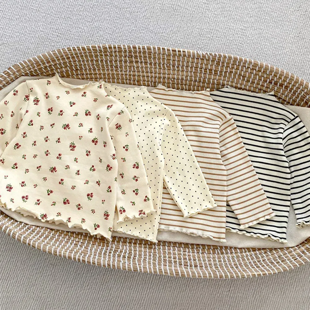 Color: Brown, Kid Size: 3T - New Baby Long Sleeve T Shirt Girls Cotton Casual Tees Infant Ruffled Versatile Shirts Kids Floral Striped Bottoming Tops