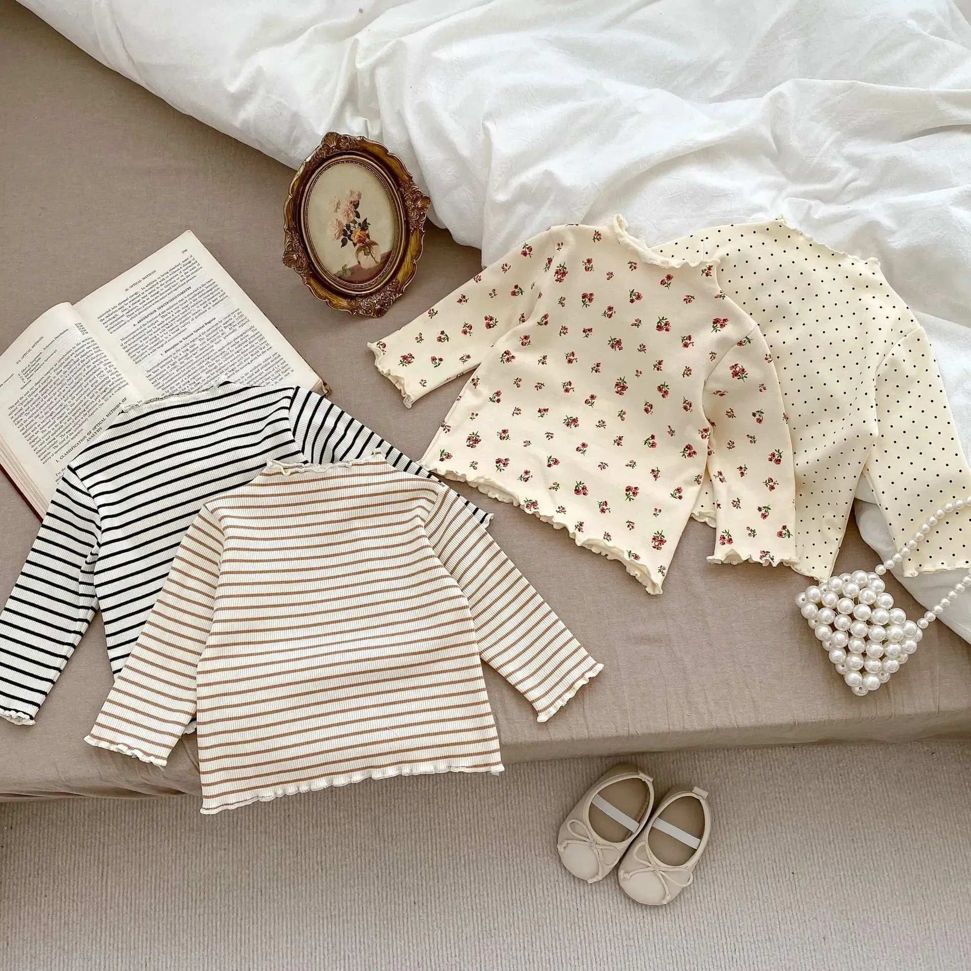 Color: Brown, Kid Size: 3T - New Baby Long Sleeve T Shirt Girls Cotton Casual Tees Infant Ruffled Versatile Shirts Kids Floral Striped Bottoming Tops