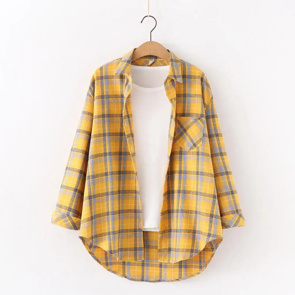 Color: green, Size: M - Fresh Flannel Plaid Shirt Women 2024 New Female Blouses and Tops Cotton Loose Long Sleeve Casual Shirts Fine Women's Clothes