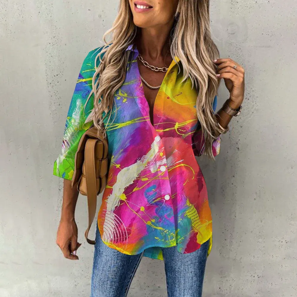 Color: Khaki, Size: XXXL - Ladies Long Sleeved Shirt Vacation Style Coconut Tree 3D Digital Printed Button Up Collar Loose Casual Ladies Blouse 2024 Autumn