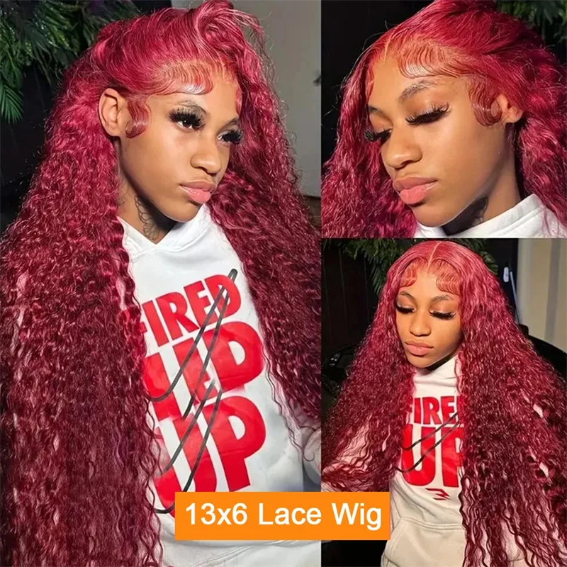 Hair Color: #6, Stretched Length: 18inches, Density: 180%, Ships From: CHINA - 30 40 Inch 99J Burgundy 13x6 Hd Lace Frontal Human Hair Wig Red Colored 13x4 Transparent Lace Curly Deep Wave Frontal Wig