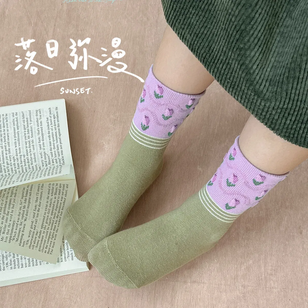 Color: PURPLE, Size: 10-12T - 5 pairs/lot Children's Socks Autumn Socks Girls Sweet Purple Floral Pattern Mid Calf Socks Baby Infant Cotton Socks