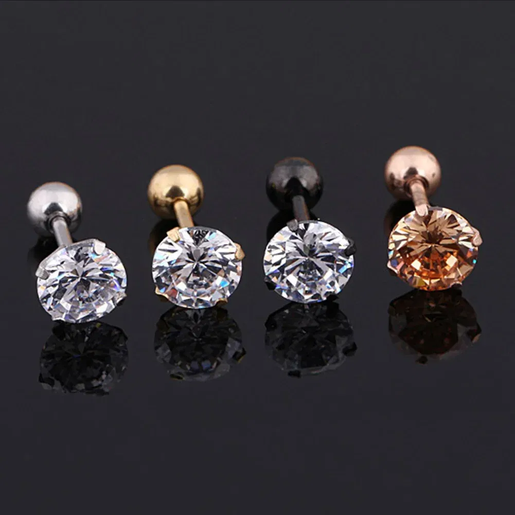 Metal Color: Pure Gold Color, Main Stone Color: WHITE - 1Pc Small Round Cz Tragus Cartilage Titanium Steel 16G 4 Prong Ear Stud Earrings Tragus Helix Piercing Jewelry Sexy Body Jewelry