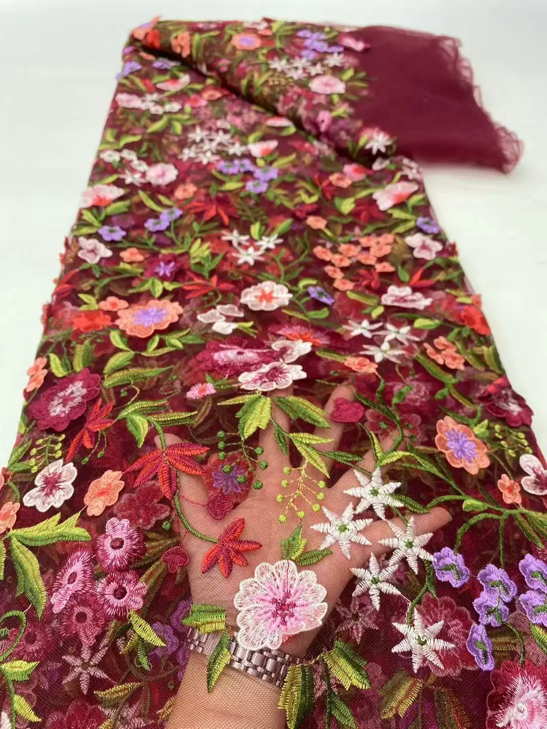 Color: Pink, Width: 120cm, Length: 5 yards - Purple 3D Flowers French Latest Nigerian Lace Fabrics 2025 High Quality Net African Lace with Beads for Wedding Party 2025