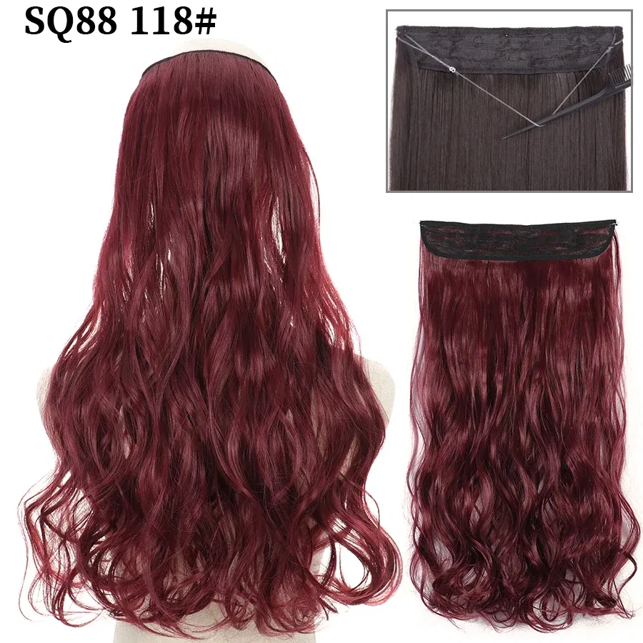 Color: T1/27, Stretched Length: 22inches, Ships From: CHINA - Synthetic Natural Wavy No Clip Fish Line Invisible Hair Extensions Mixed Color Blonde Black Artificial False Hair Piece ForWomen
