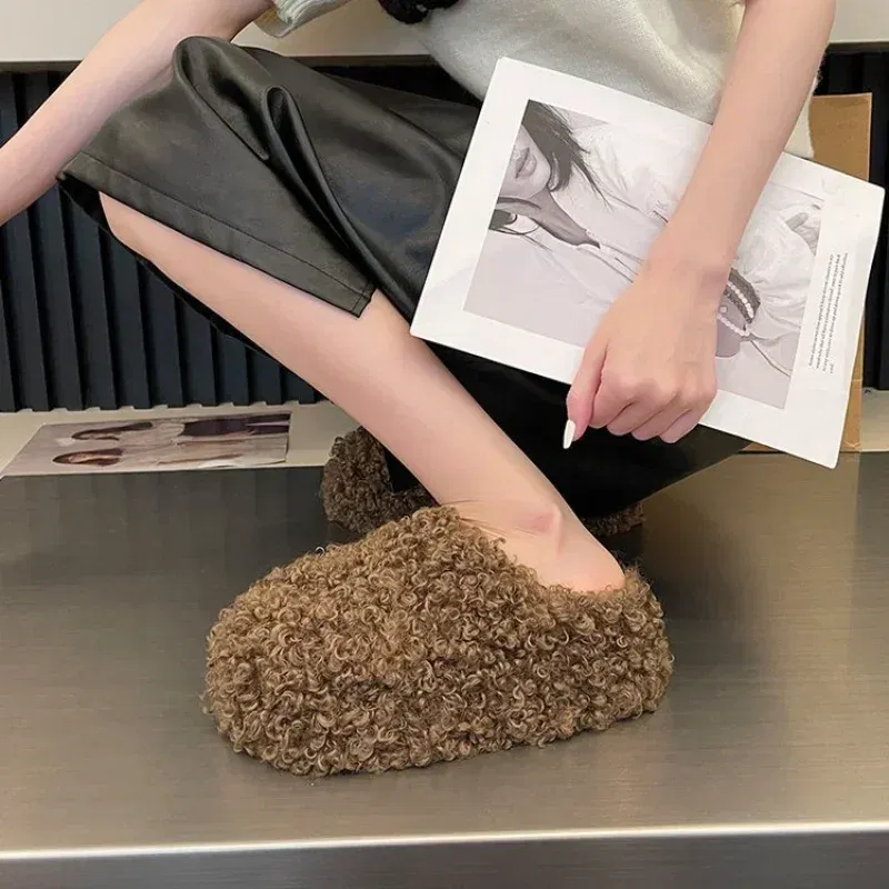 Color: Blue, Shoe Size: 36 - Thick Heel Luxury Lambwool Mules  Winter Shoes Woman Flip Flops Flat Cover Toe Slides Ins Warm Curly Lamb Fur Slippers Women