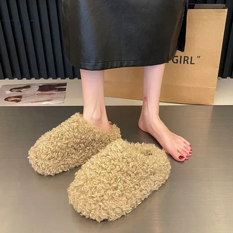 Color: Blue, Shoe Size: 36 - Thick Heel Luxury Lambwool Mules  Winter Shoes Woman Flip Flops Flat Cover Toe Slides Ins Warm Curly Lamb Fur Slippers Women