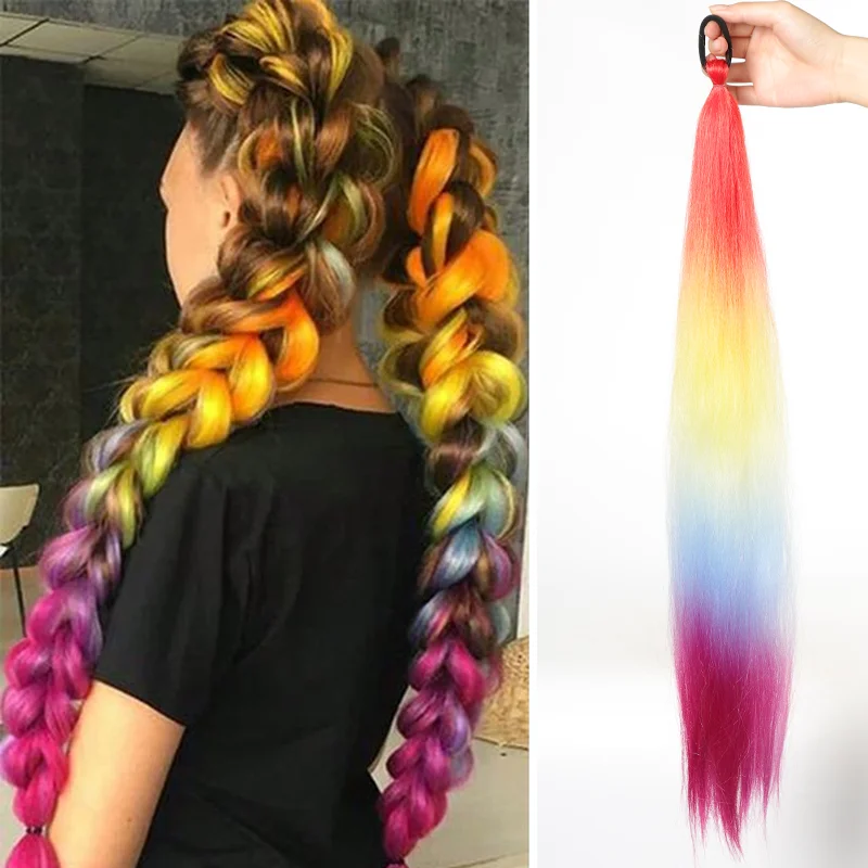 Color: P12/613, Stretched Length: 26inches - LUPU Synthetic Ponytail Extension with Elastic Tie Hair Band 26" Long Straight Colored Braiding Ponytail Ombre Pink Purple Blue